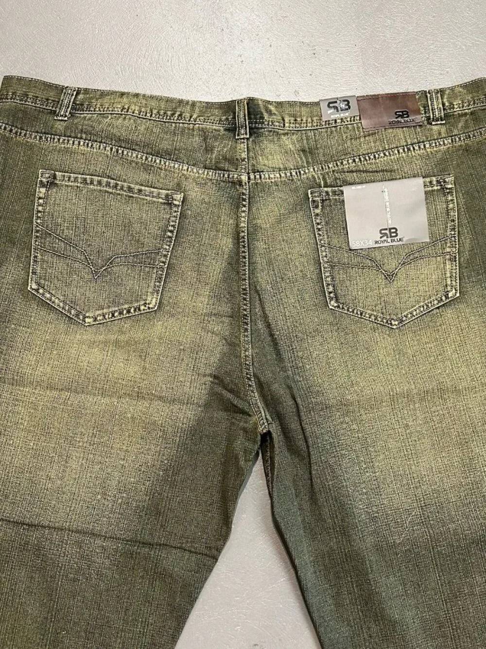 Royal Blue Brand Denim Jeans Men 58 x 34 Relaxed Big & Tall Olive Green Wash